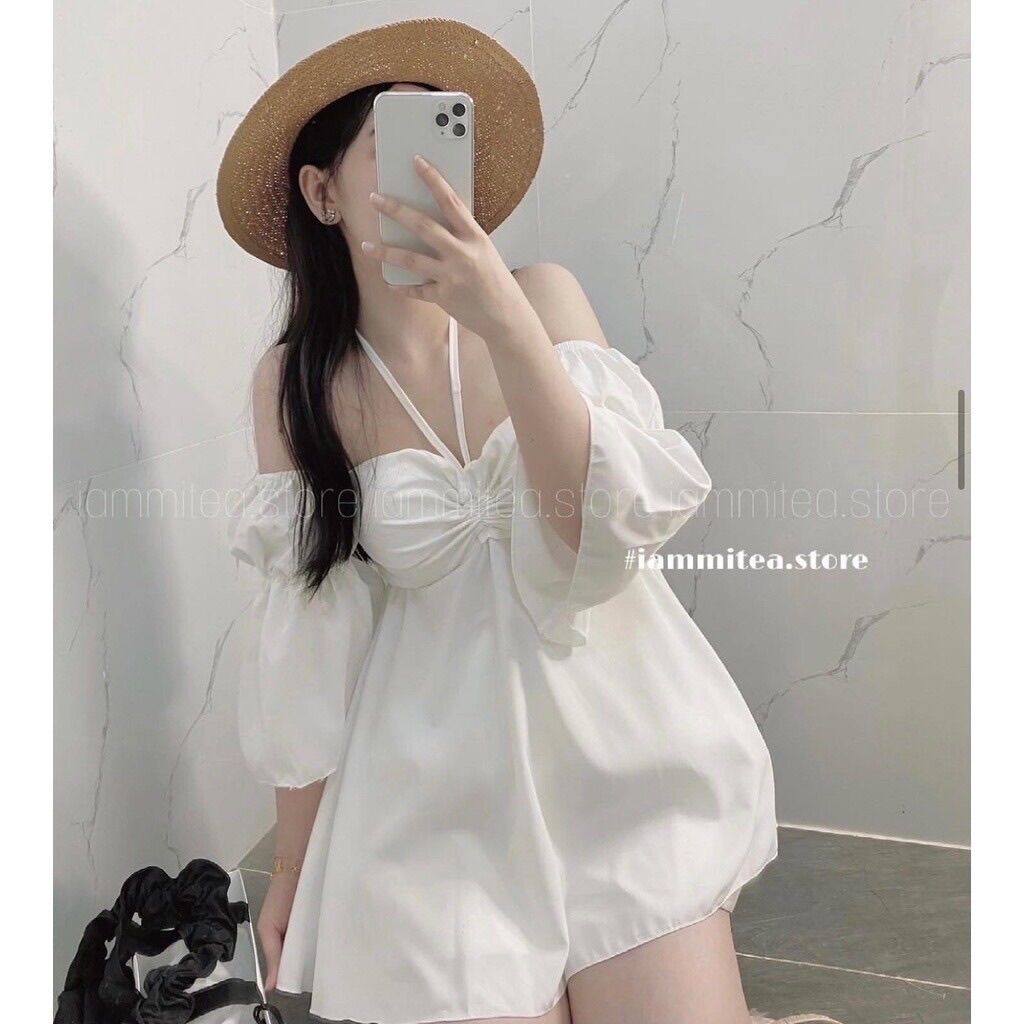 Đầm tay bồng trễ vai dáng xoè chữ A rút dây giữa ngực