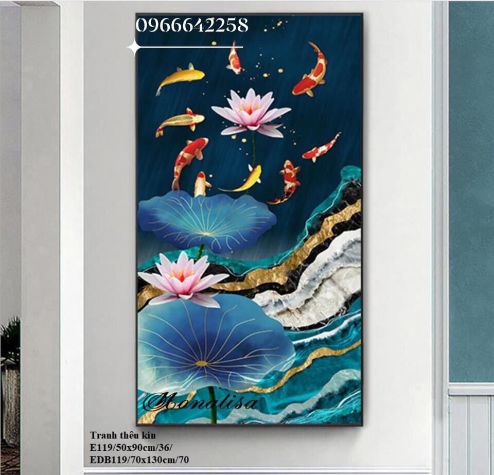 Tranh thêu chữ thập EDB119 70x130cm thêu kín cá chép hoa sen