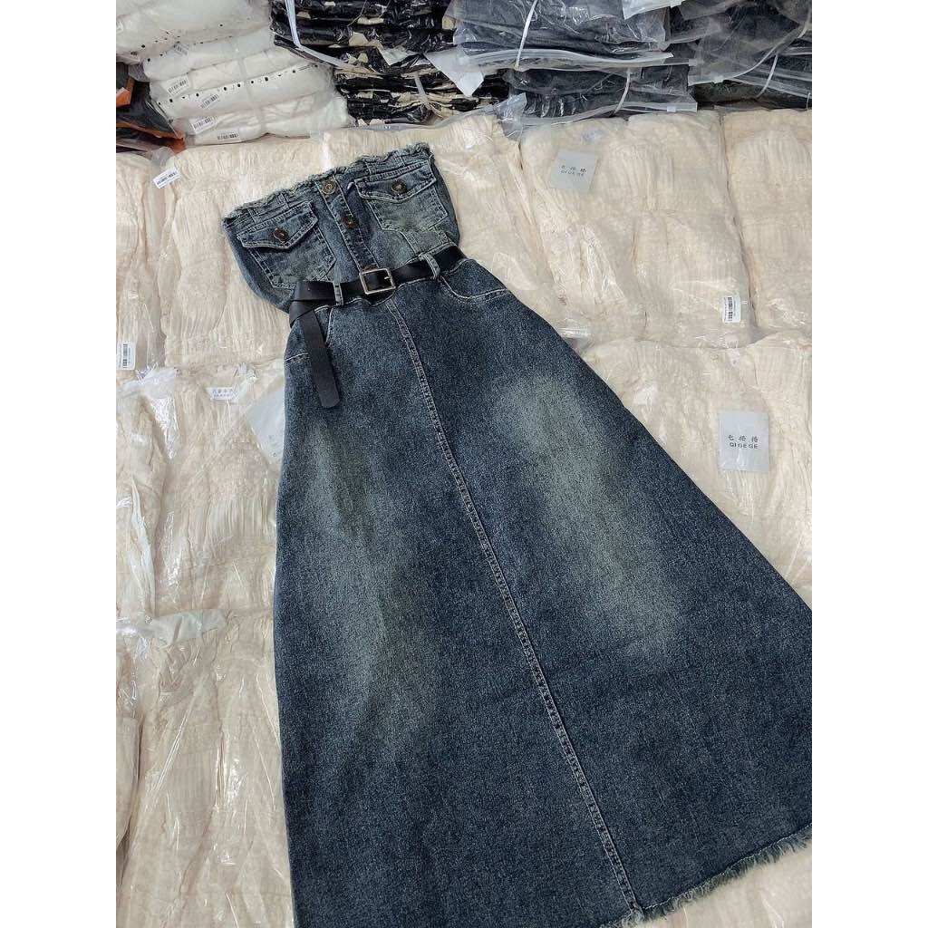 Đầm Jean ống đan dây lưng, Váy Bò xoè cá tính