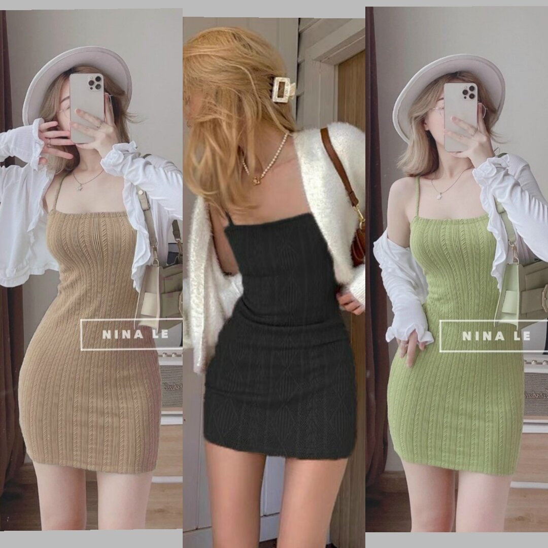 Đầm Body 2 Dây vải Len gân xương cá