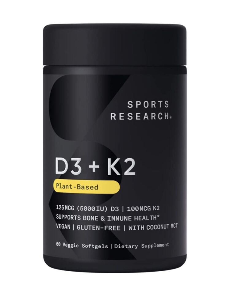 Vitamin D3 + K2 Sports Research | Hấp Thụ Canxi, Tăng Chiều Cao, Ngăn chặn sỏi thận, Tắc nghẽn mạch máu 60 viên USA