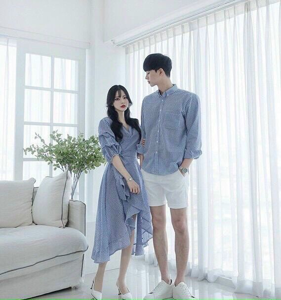 Set đồ đôi caro: váy nữ dáng xoè đuôi cá và somi nam