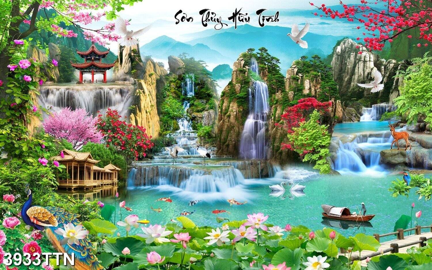Tranh dán tường 3D Sơn Thủy Hữu Tình 3933TTN - Tranh Phong cảnh thác nước  hòn non bộ - Tranh trang trí phòng khách 