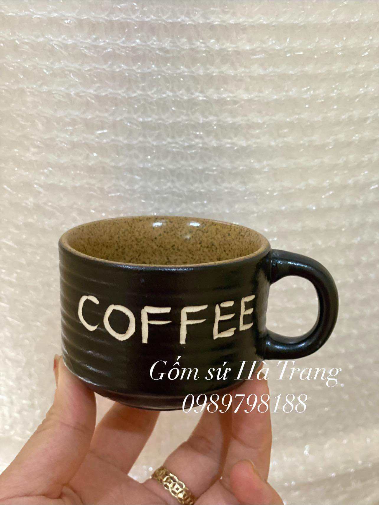 Cốc cafe nóng gốm sứ Bát Tràng cao cấp không chì dung tích 150ml men đen khắc chữ Coffee