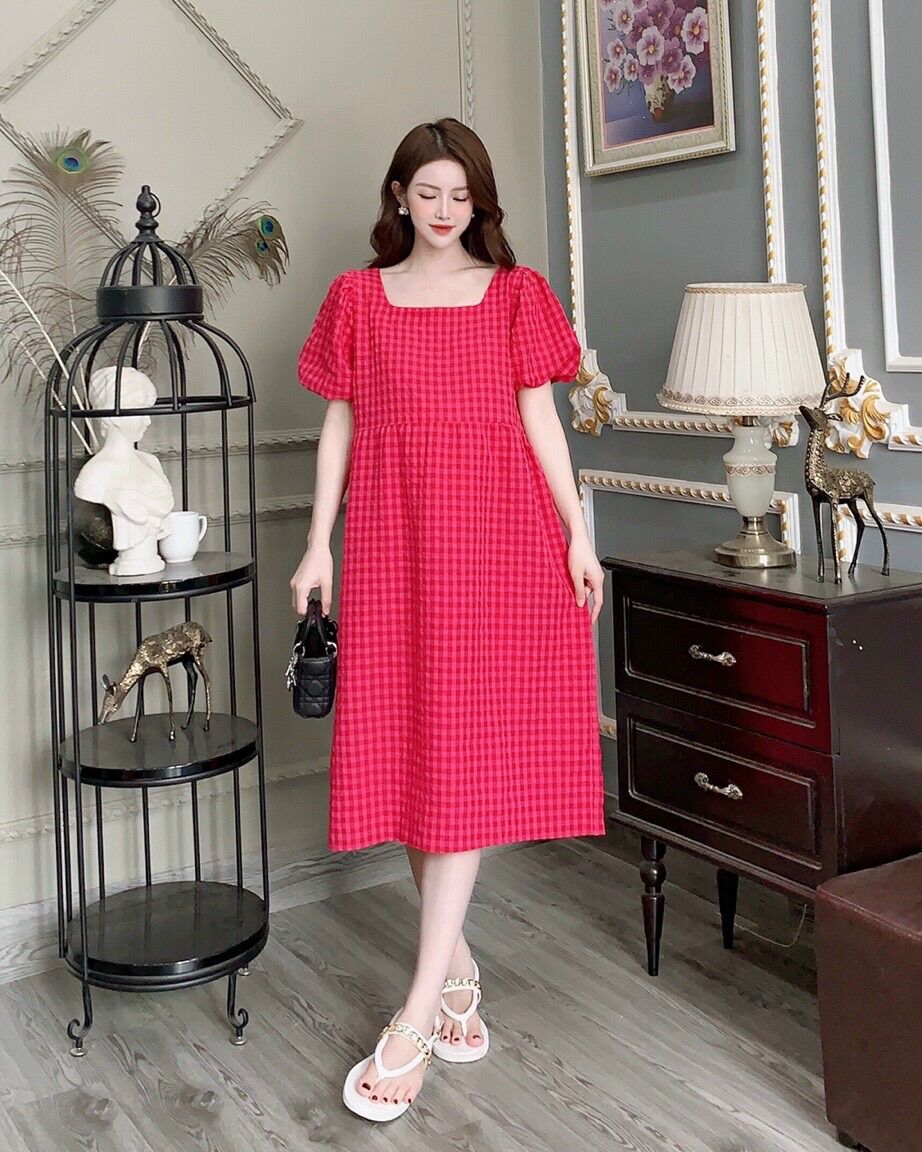 Váy bầu, đầm bầu kẻ cộc tay cổ vuông phối xinh