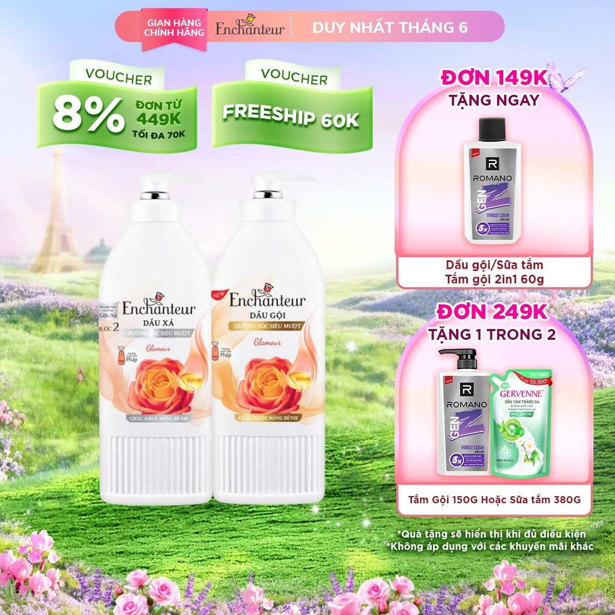 Combo tiết kiệm: Dầu gội ENCHANTEUR Charming/ Glamour 600g Tặng Dầu xả 550g