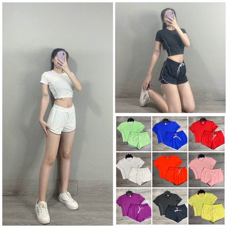 Bộ Đồ Tập Gym Yoga Nữ Quần Đùi 2 Lớp Áo Croptop Chất Thun Lưới Nhẹ Mát