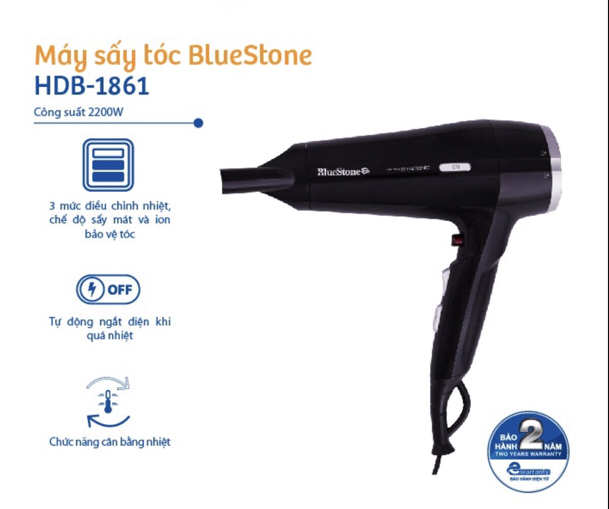 Máy sấy tóc bluestone hdb-1861 [ gồm 3 cấp độ nhiệt và 2 chế độ sấy mát giúp bảo vệ tóc ) - hàng chính hãng