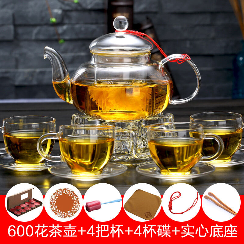 Ấm trà hoa ấm trà thủy tinh gia dụng bộ dụng cụ pha trà trà chiều trong suốt pha trà hoa quả lọc dày nến làm nóng