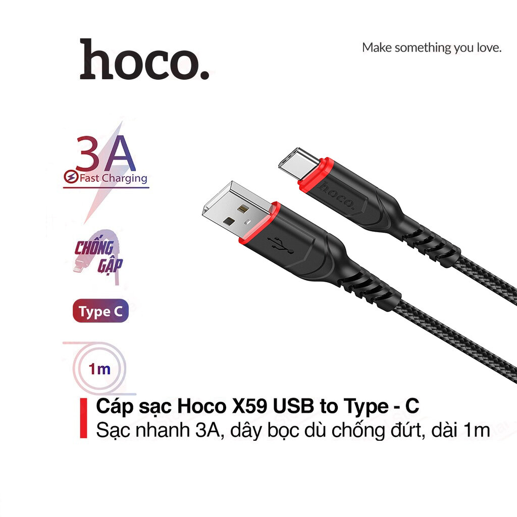 Cáp sạc hoco sạc nhanh 2.4 x59 Lightning, micro, Type-c dây bọc dù chóng gói dài 1m.
