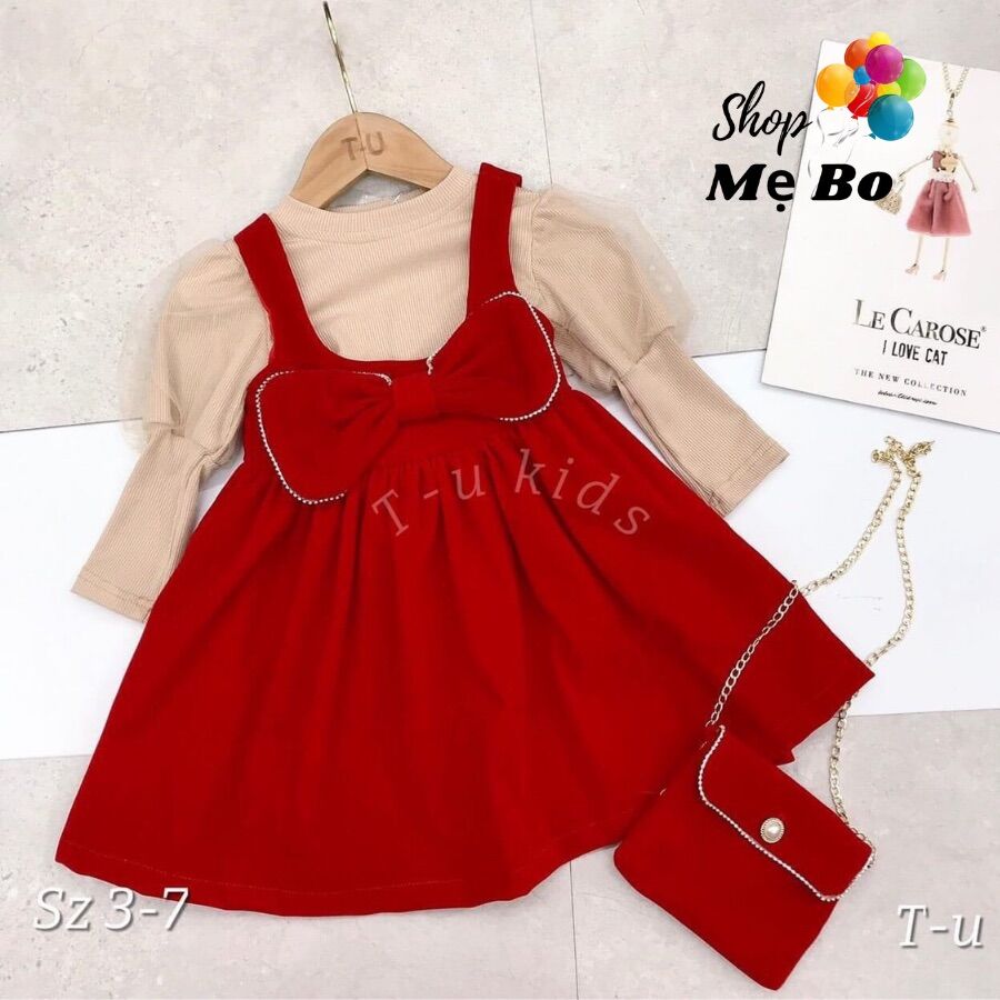 Set váy nhung đỏ cao cấp, kèm nơ đỏ phối ren xịn xò, váy nhung noel cho bé