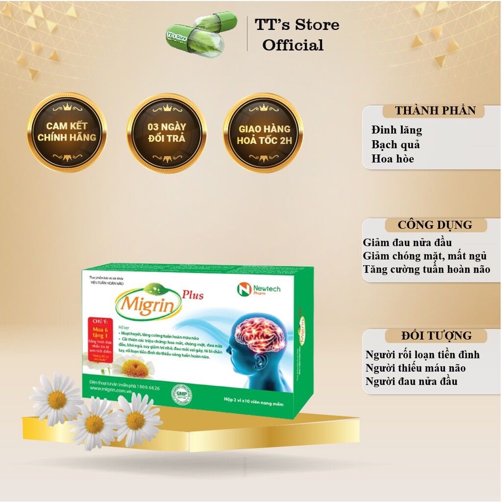 [Mẫu mới] Migrin Plus (Hộp 20 viên) - Giảm đau nửa đầu, migraine, thiếu máu não, tuần hoàn não, migrain [mingrin]