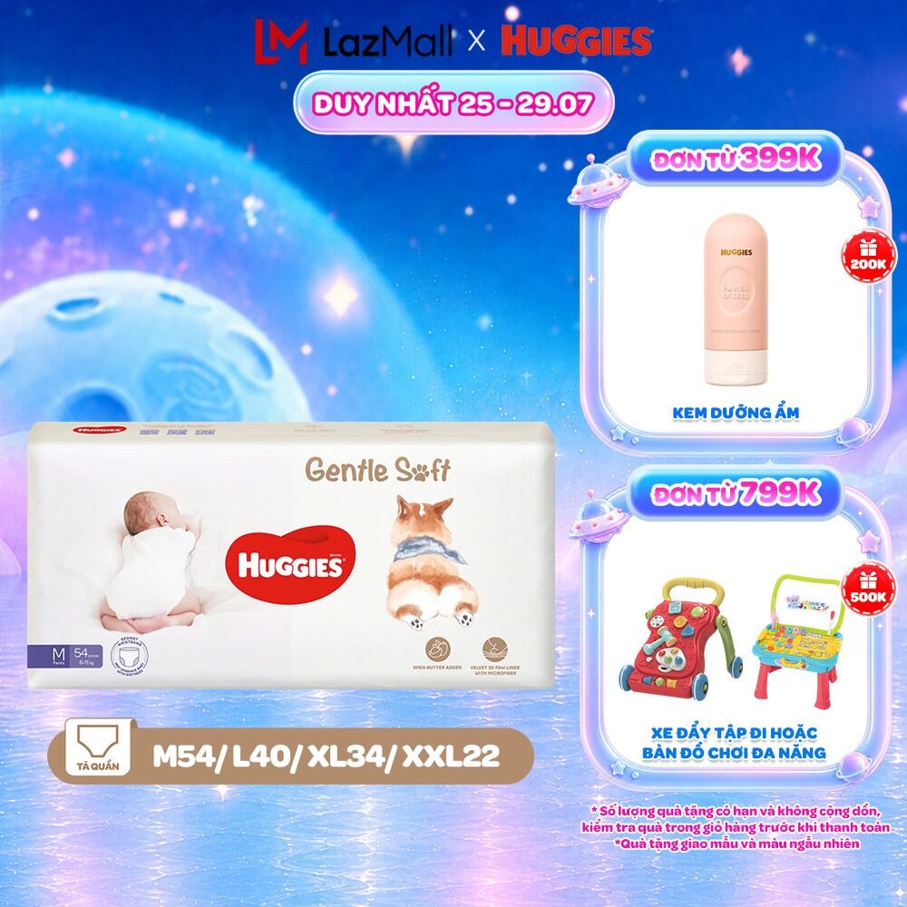 Tã quần Huggies Gentle Soft - Corgi M54/L40/XL34/XXL22 miếng êm mềm nâng niu làn da bé