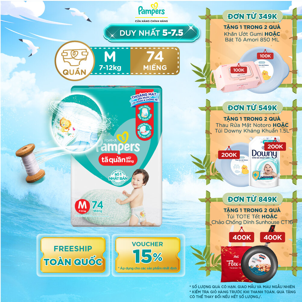 Tã/ Bỉm Quần PAMPERS Giữ Dáng Gói Cực Đại Size M (74 miếng 7-12kg) Chống Xệ