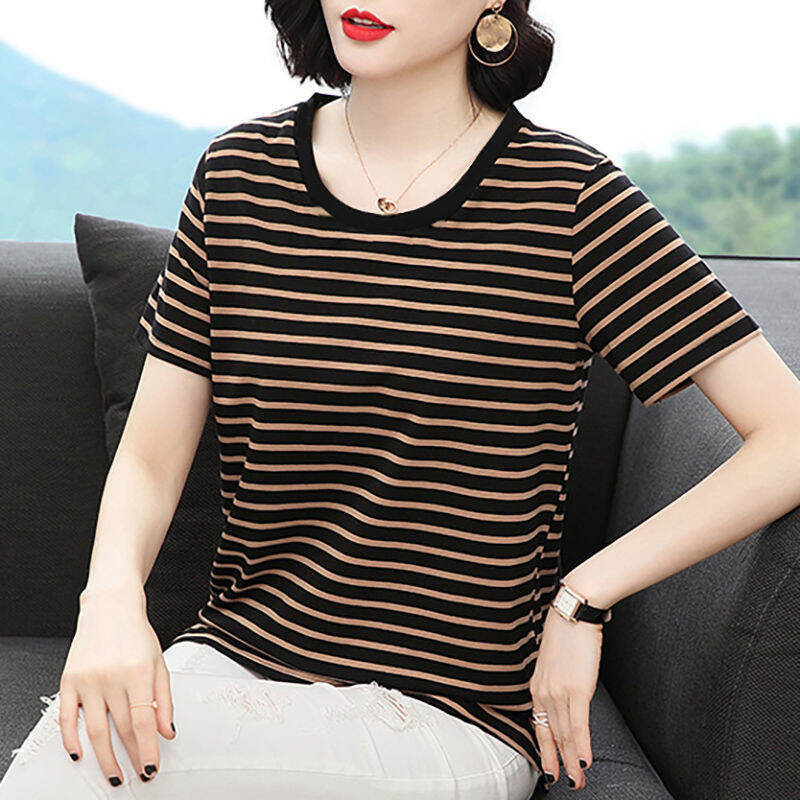 Áo Thun Ngắn Tay Nữ Phong Cách Hàn Quốc Cho Mùa Hè Thời Trang Slim-fit Polyester Cổ Tròn Đa Năng Quần Áo Làm Việc Dáng Rộng