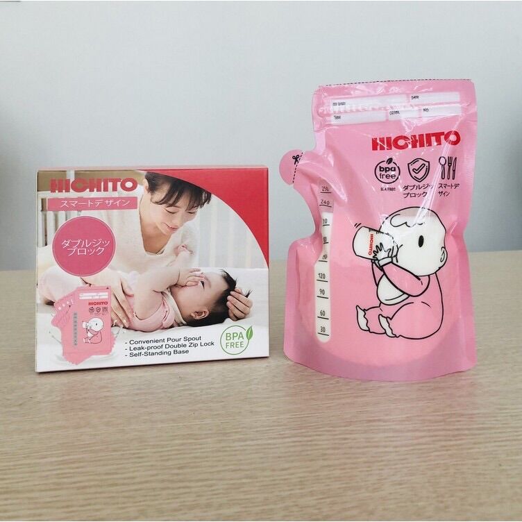 Hộp 30 túi trữ sữa Hichito Nhật 250ml (có vòi rót bên hông)