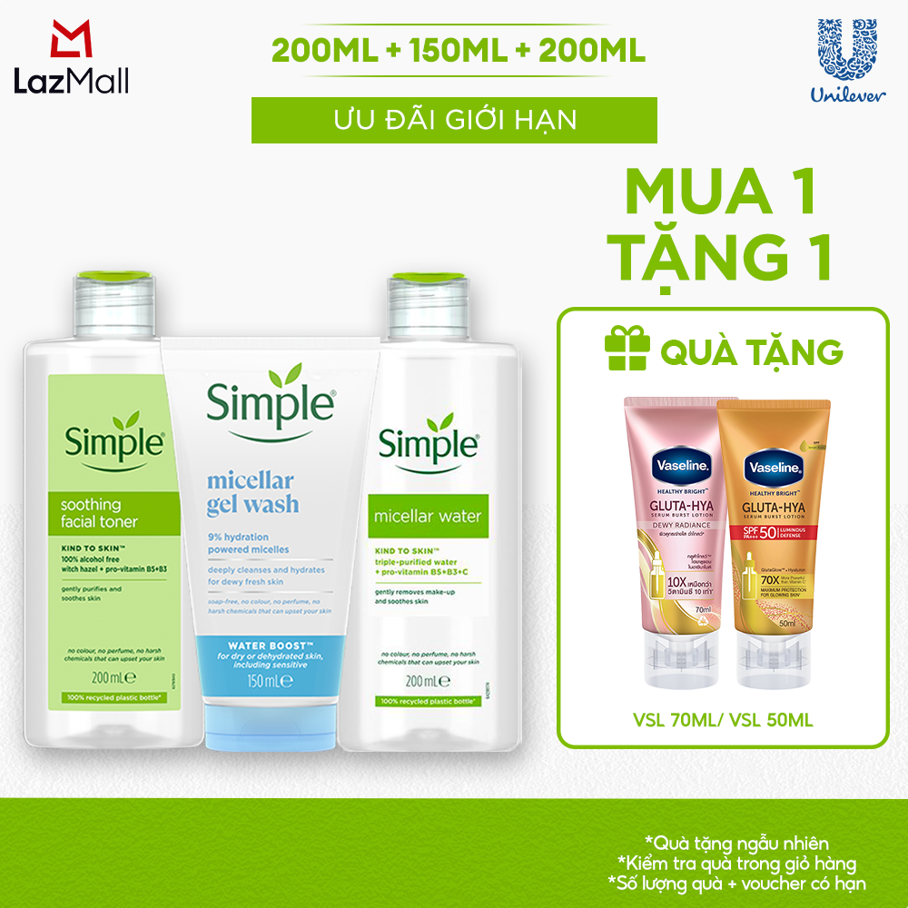 [VC 15% tối đa 70K đơn 399K] Combo Simple Nước Tẩy Trang 200ml + Sữa Rửa Mặt 150ml + Nước Hoa Hồng 2