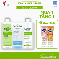 [VC 15% tối đa 70K đơn 399K] Combo Simple Nước Tẩy Trang 200ml + Sữa Rửa Mặt 150ml + Nước Hoa Hồng 200ml cho mọi loại da