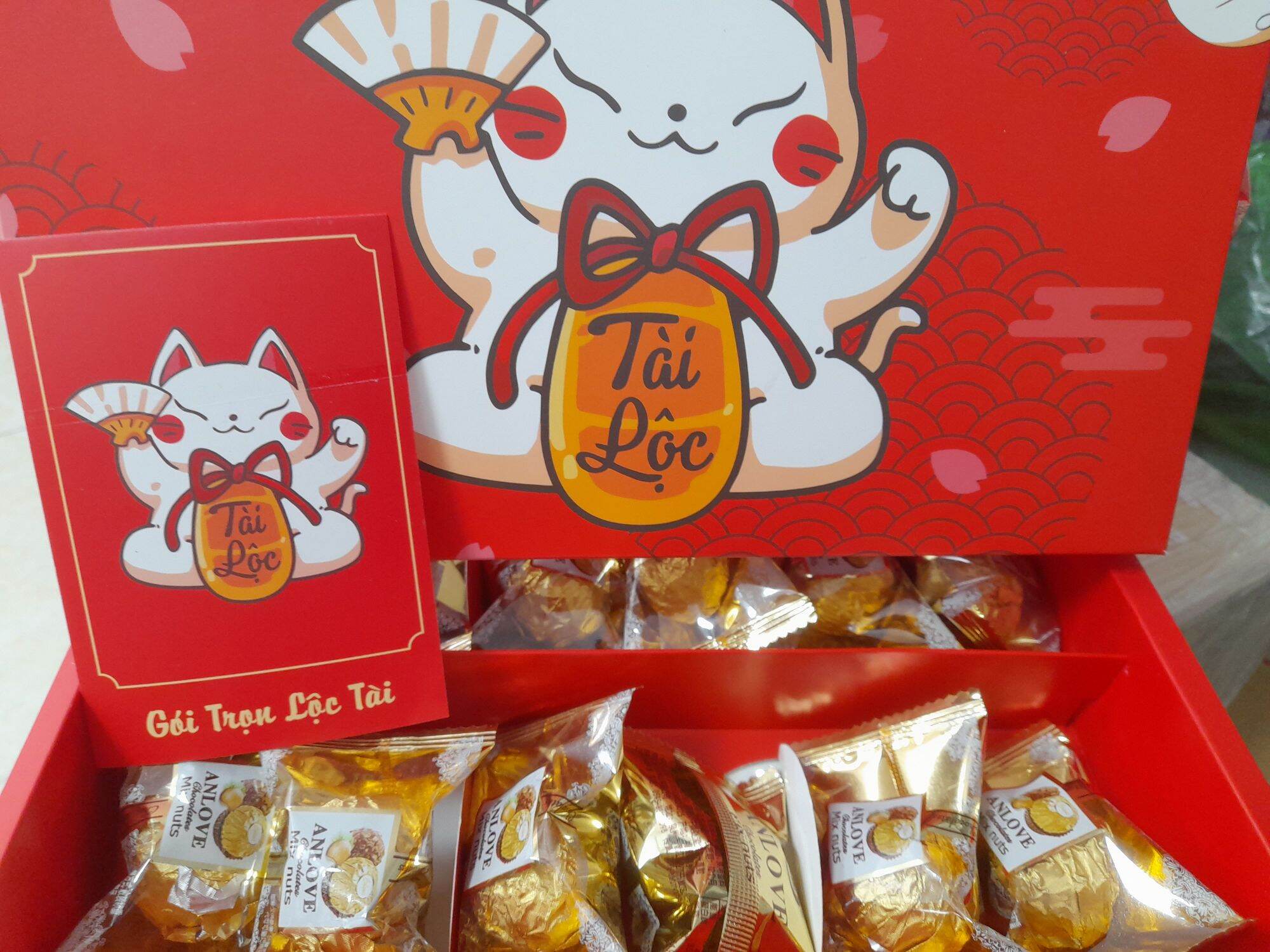 Hộp quà socola mèo thần tài yazuna- hộp 200g kẹo socola siêu ngon- tặng kèm túi xách phú quý hữu dư