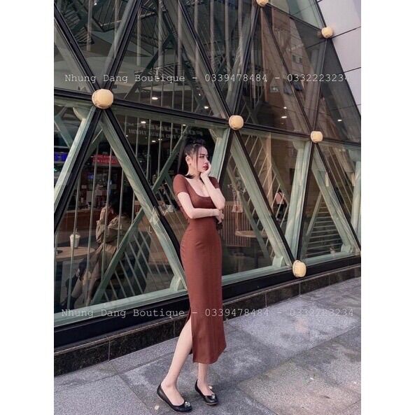 Váy body cổ vuông xẻ tà xoắn lưng