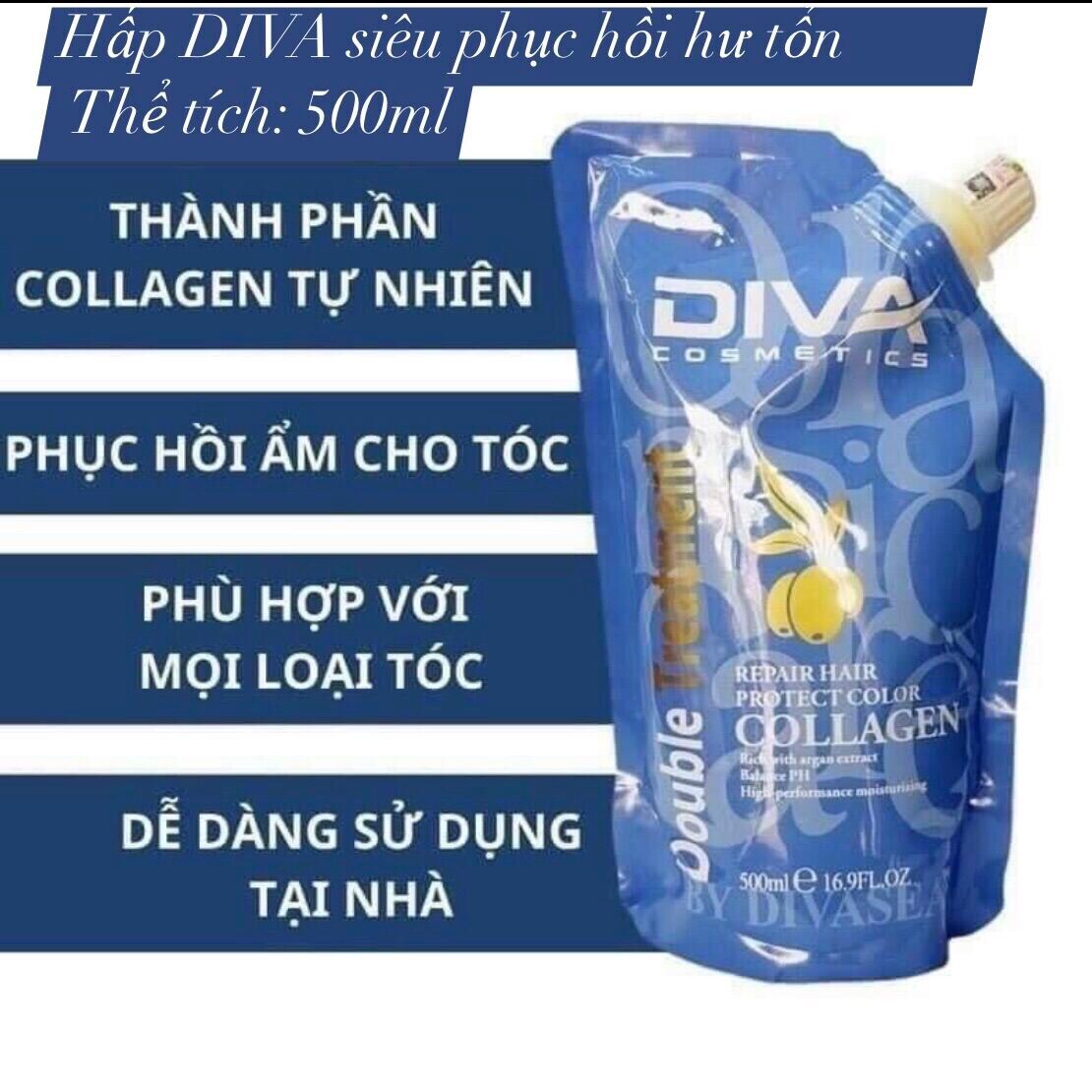 Kem hấp ủ tóc phục hồi tóc khô sơ chẻ ngọn, siêu mềm mượt Collagen DIVA 500ml
