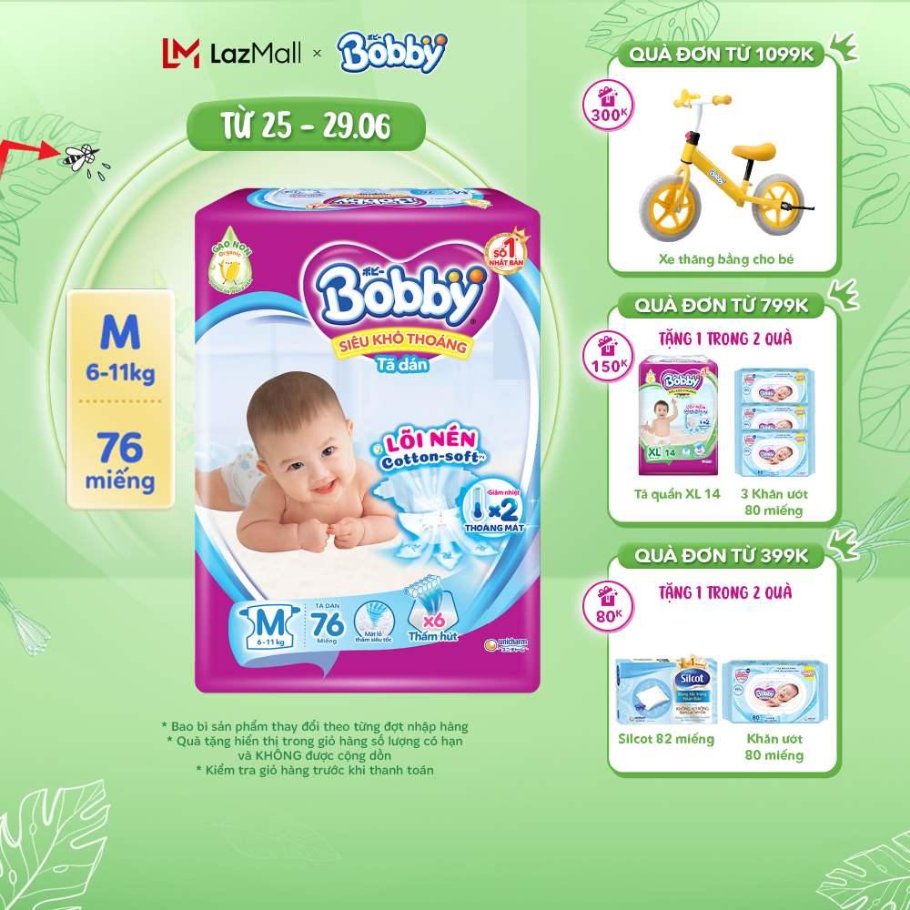 Tã dán Bobby Gạo non Siêu khô thoáng  - M76/L68/XL62/XXL56