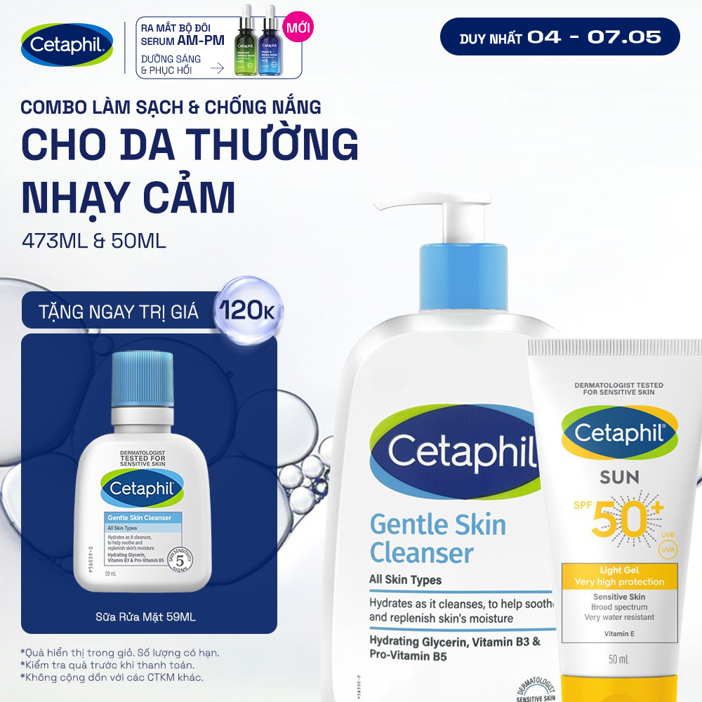 Combo Sữa rửa mặt CETAPHIL GENTLE SKIN CLEANSER 473ML + Gel chống nắng cho da nhạy cảm Cetaphil Sun SPF 50+ Light Gel