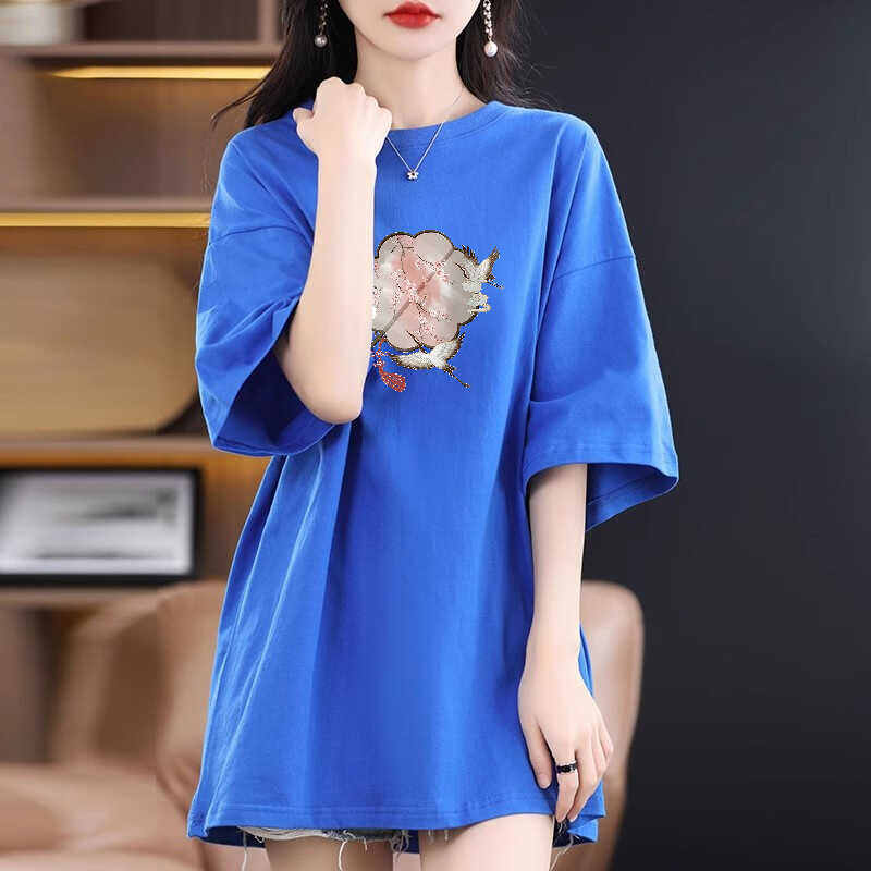 Áo Thun Nữ Tay Ngắn Phong Cách Trung Quốc, Áo Thun in Họa Tiết Mùa Hè, Cổ Tròn, Dài Vừa Phải, Thường Ngày, Tay Ngắn, Trung Tính