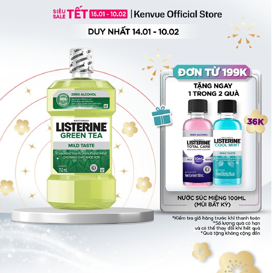 Nước Súc Miệng Ngừa Sâu Răng Vị Trà Xanh Không Cay Listerine Green Tea Zero Alcohol - Dung tích 750m