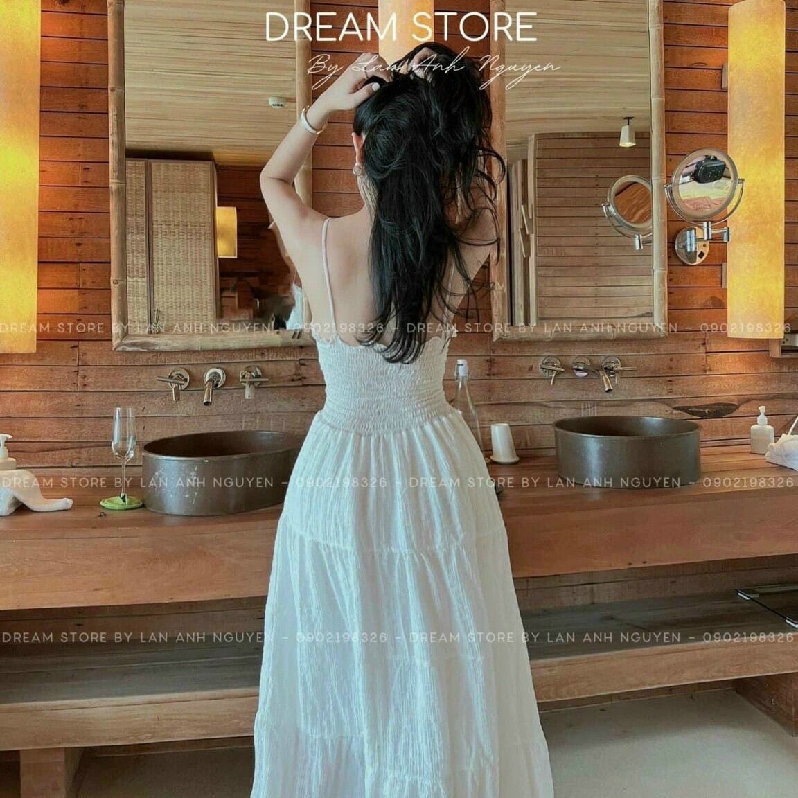 Đầm maxi đi biển hai dây nhúng eo có mút ngực
