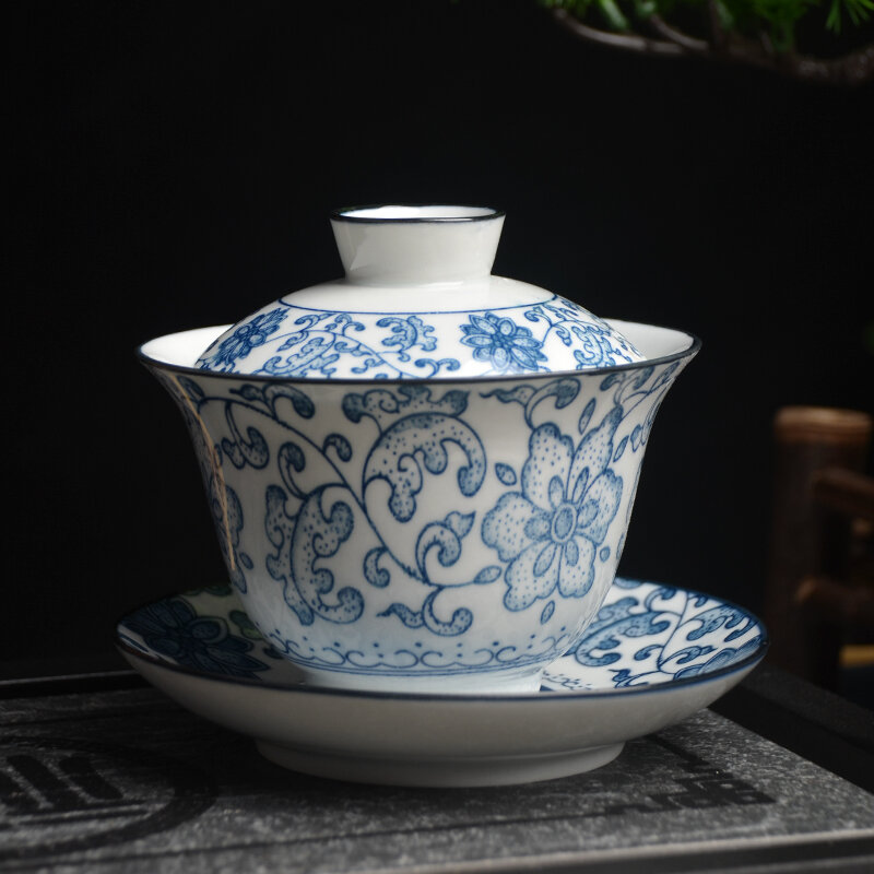 Blue-and-White Porcelain with the Cover Teacup Antique Ceramics Tea Set Tea Bowl Simple Home Tea Making Teapot Not Hot Gaiwan