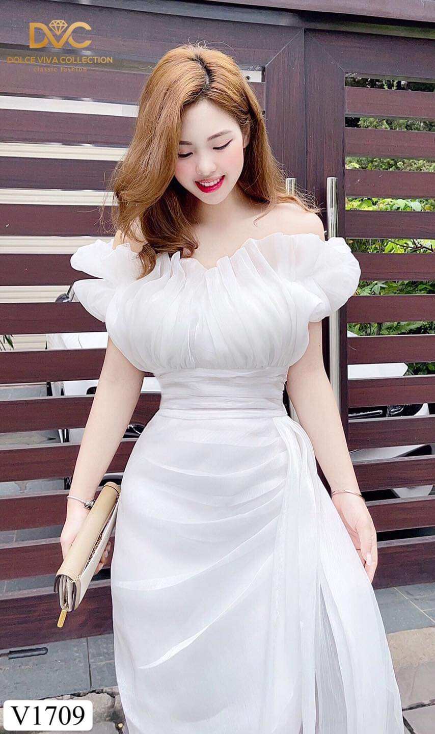 V1709 Váy trắng trần vai