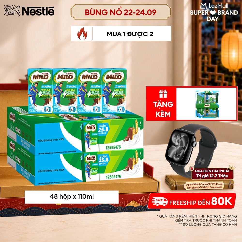 Combo 2 Thùng  Sữa lúa mạch Nestlé® MILO® Ít Đường 48 hộp 110ml (4x110ml)