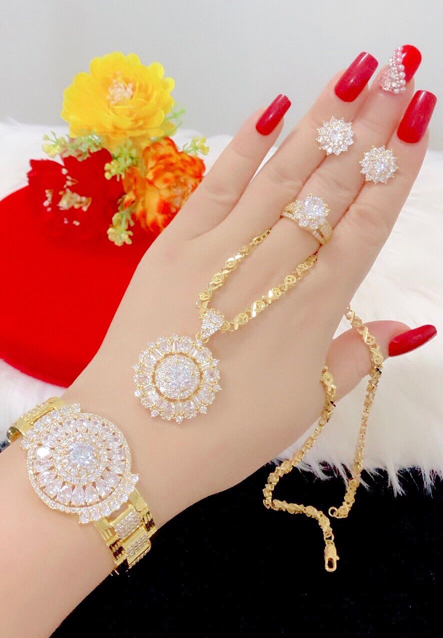 Set nguyên bộ trang sức mạ vàng 18k cao cấp 4 món mẫu mới cực đẹp