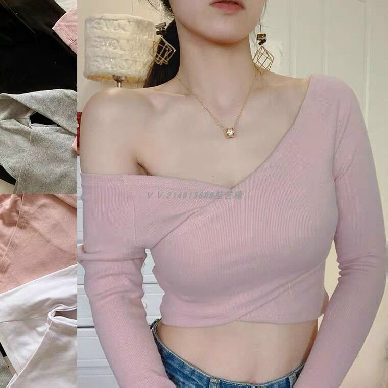 Áo Thun Kiểu Đắp Chéo Tay Dài Croptop Thun Gân