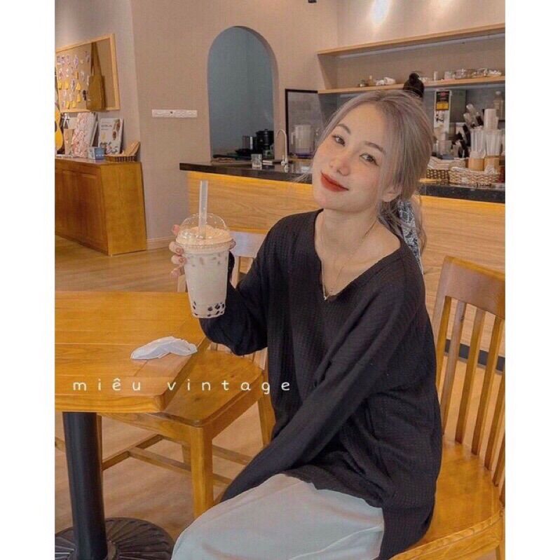Áo pull dài tay cổ U form rộng oversize Ulzzang - Áo len mỏng dài tay cổ khoét U trơn basic (Ảnh thật/Sẵn)