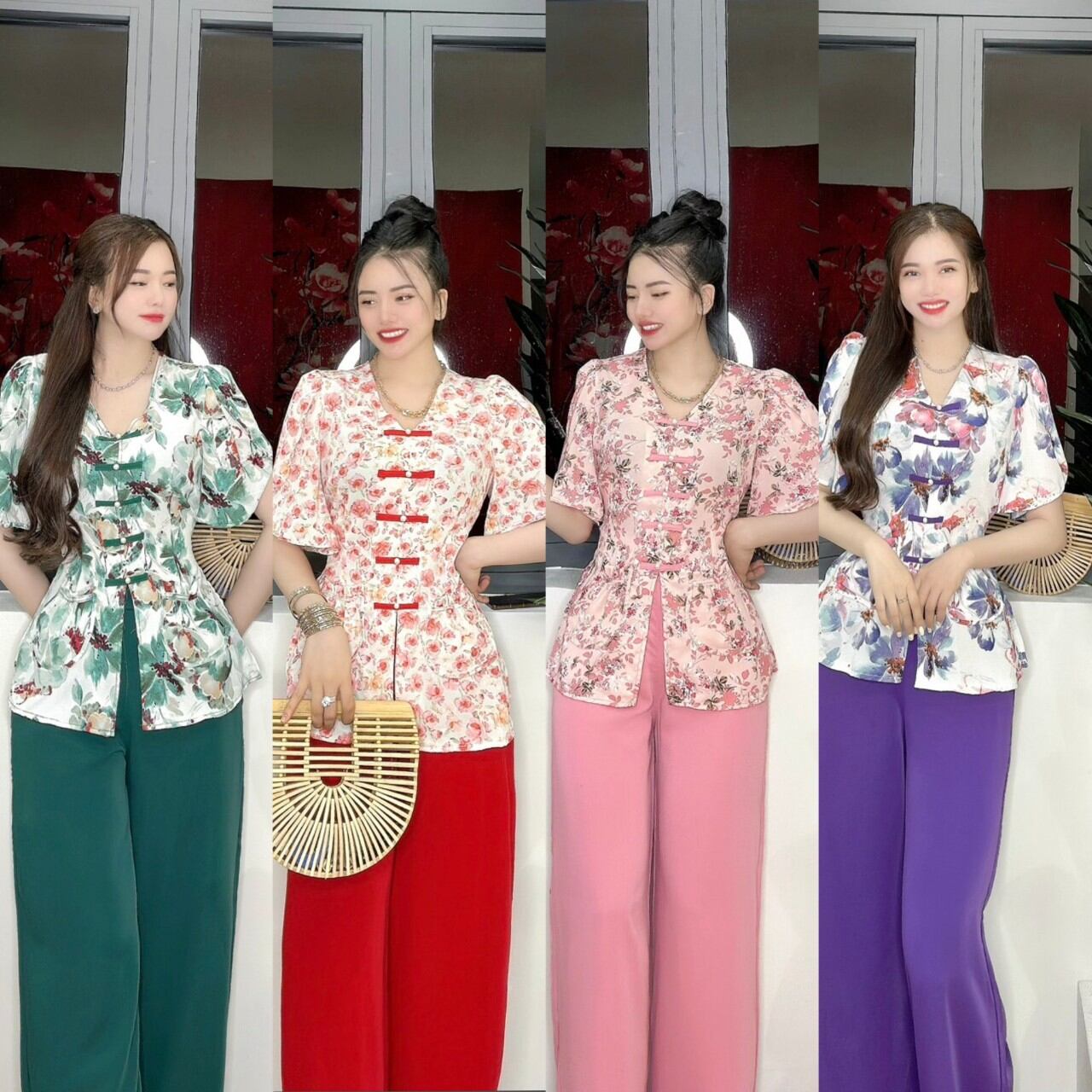 Bộ bà ba cổ tim túi tiền tay cánh dơi