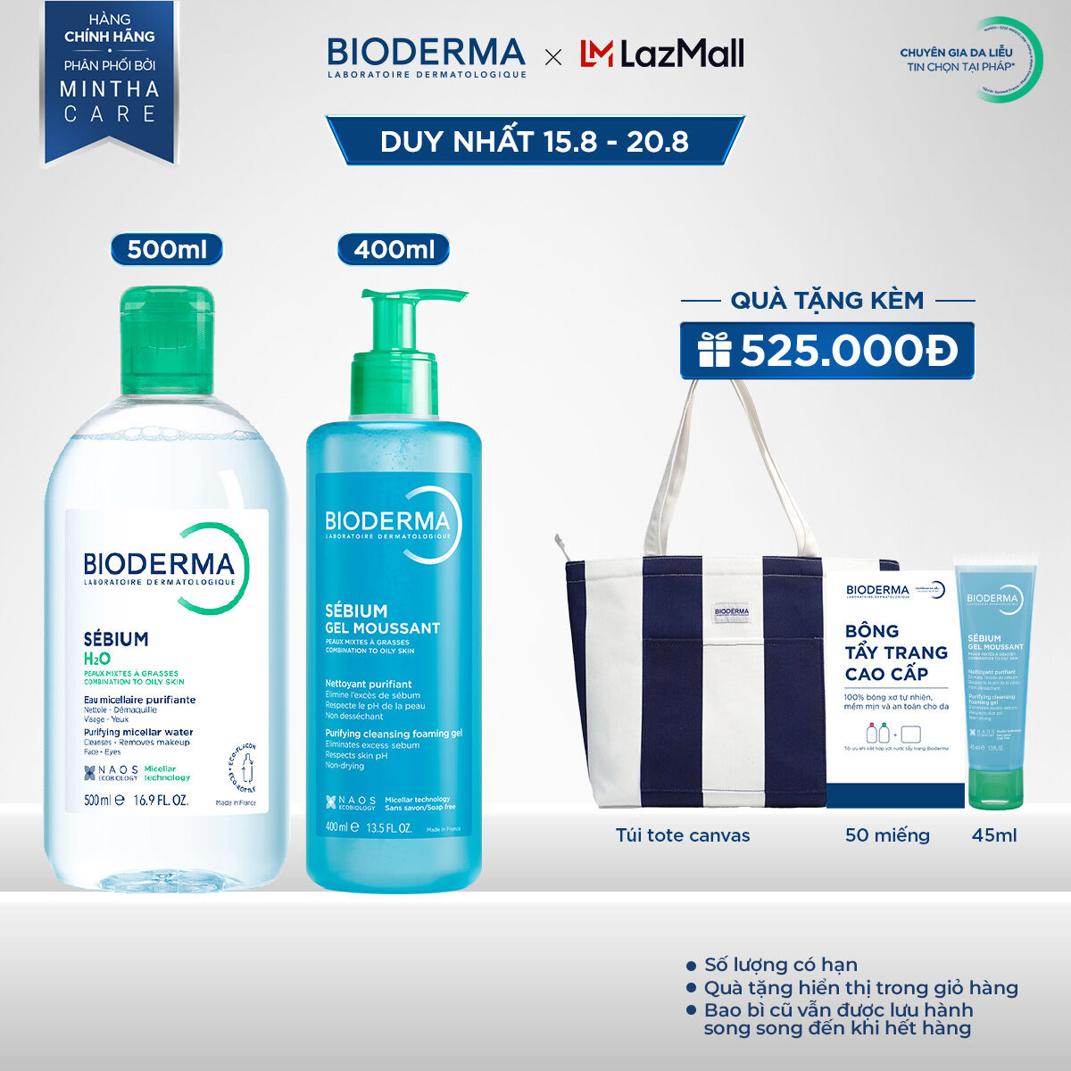 Bộ nước tẩy trang và làm sạch cho da dầu mụn Bioderma Sebium H2O 500ml và Gel rửa mặt 400ml