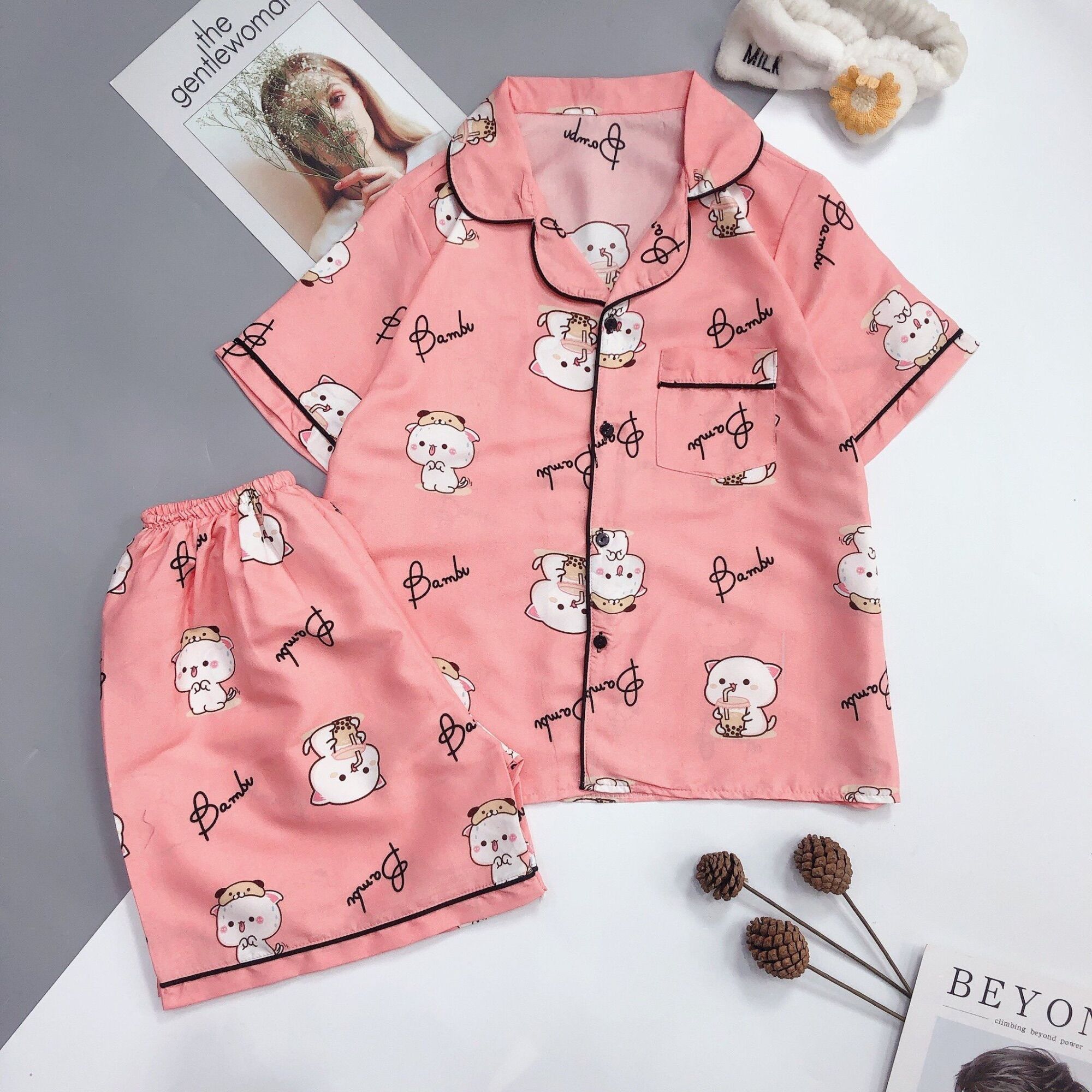 Set bộ đồ ngủ cộc tay quần đùi Mèo Hồng