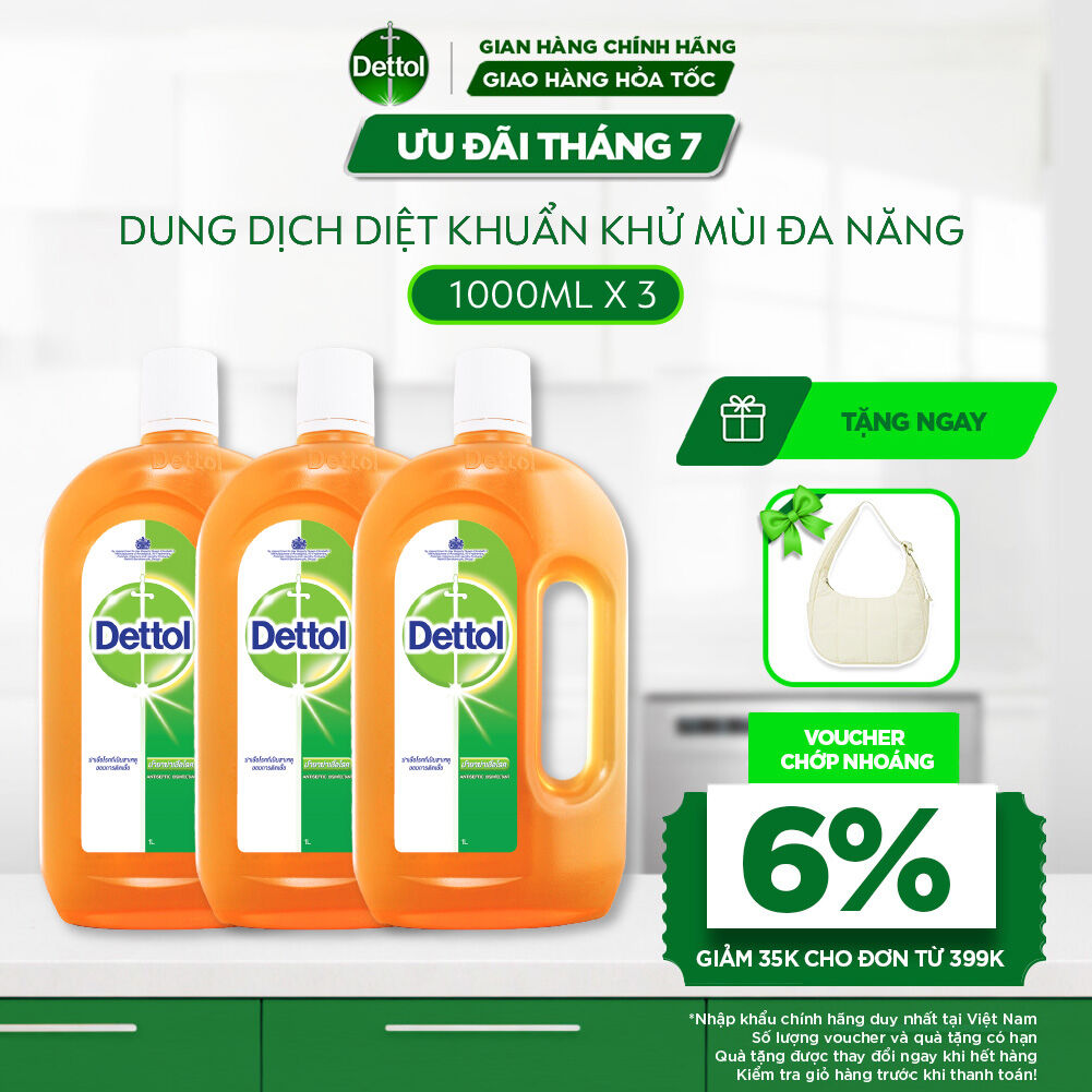 Combo 3 Chai Dung Dịch Diệt Khuẩn Khử Mùi Đa Năng Dettol, chai 1L