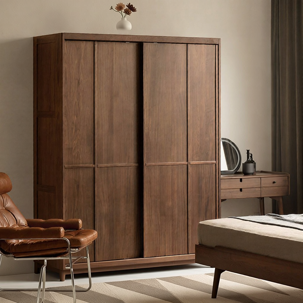 WEISHA | Walnut Wood Bedroom Vintage Sliding Door Wardrobe Giá 47,278,000 Đồng*Miễn phí vận chuyển