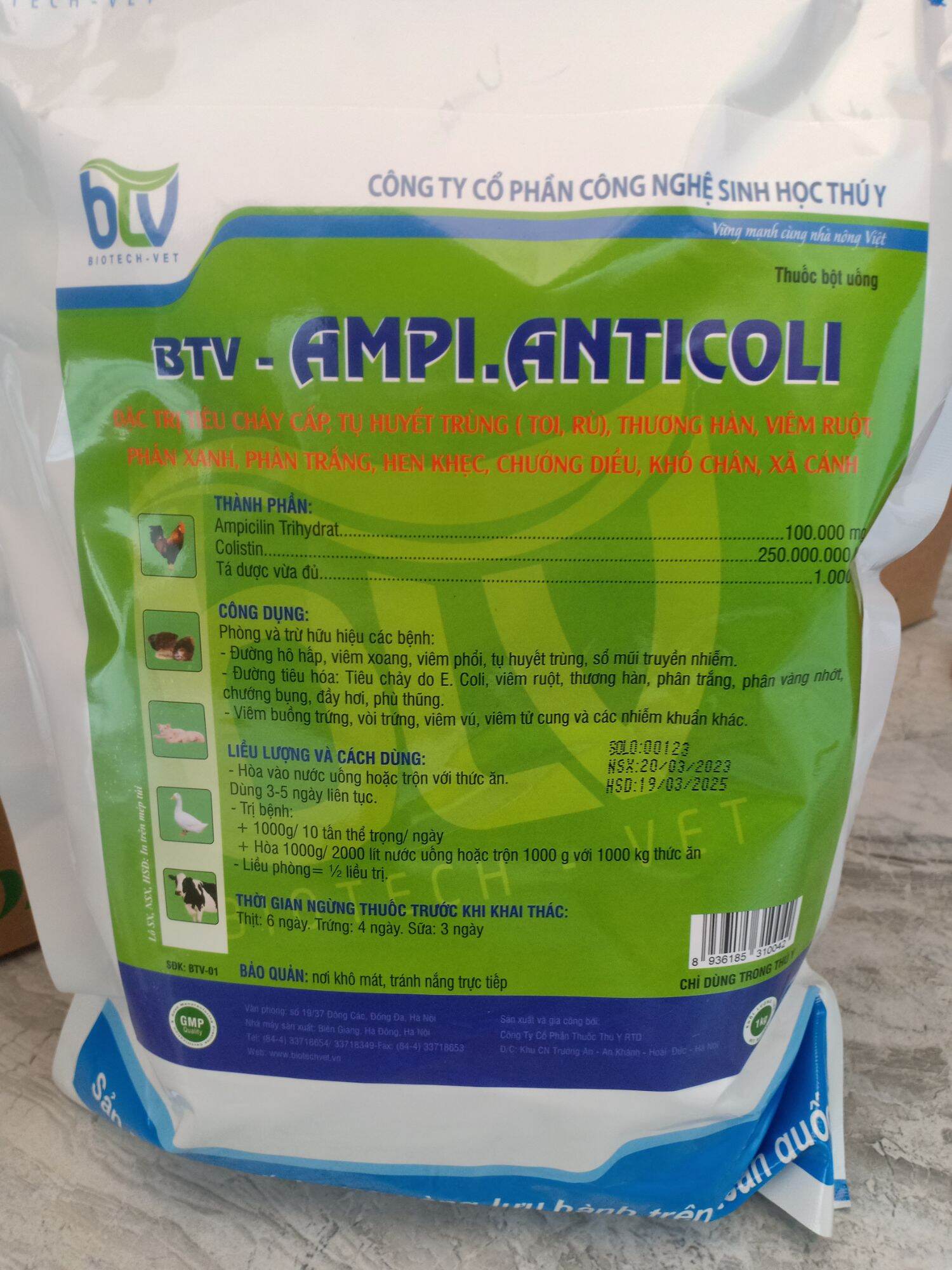 Ampi coli 10%-1 gói 1kg- đặc trị tiêu chảy,tụ huyết trùng gia súc gia cầm