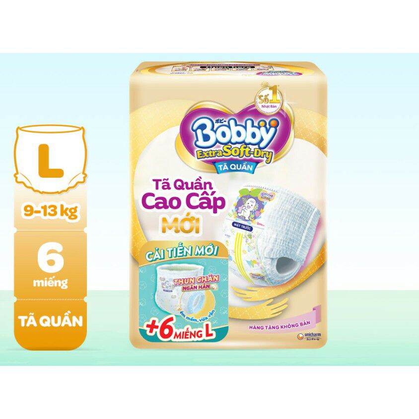 Tã bỉm quần Bobby cao cấp L 6 miếng. Date 2025. Thun chân ngăn hằn