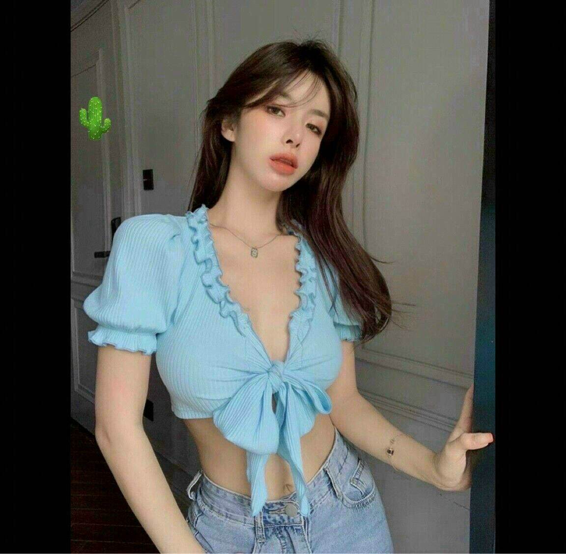 Áo kiểu croptop cột nơ ngực áo dây vai bèo form 45kg