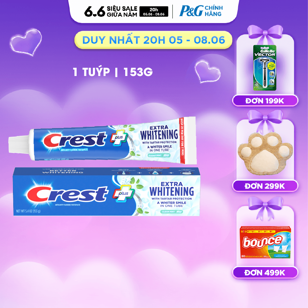 Kem đánh răng Crest Extra Whitening Trắng Sáng  Ngừa Vôi Răng 153g - Mỹ