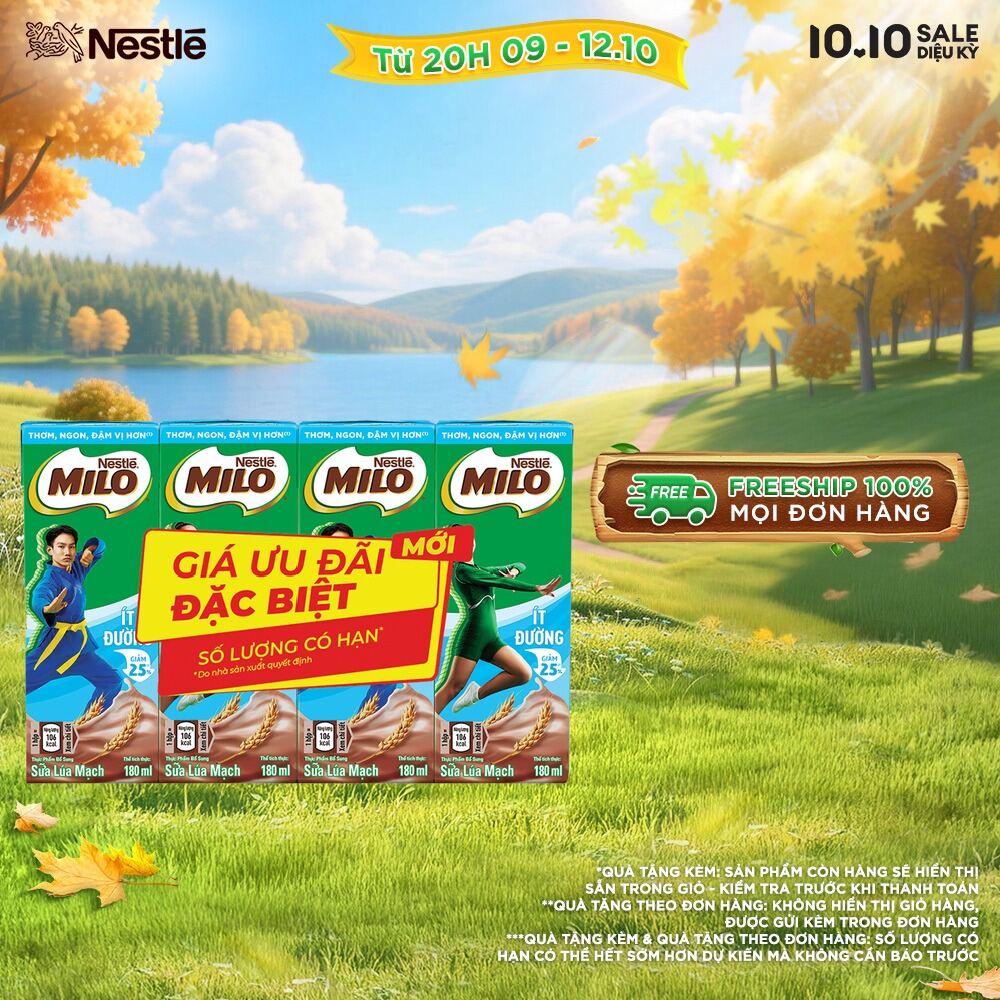 [FREESHIP TOÀN QUỐC] Lốc 4 hộp sữa lúa mạch Milo ÍT ĐƯỜNG 180ml