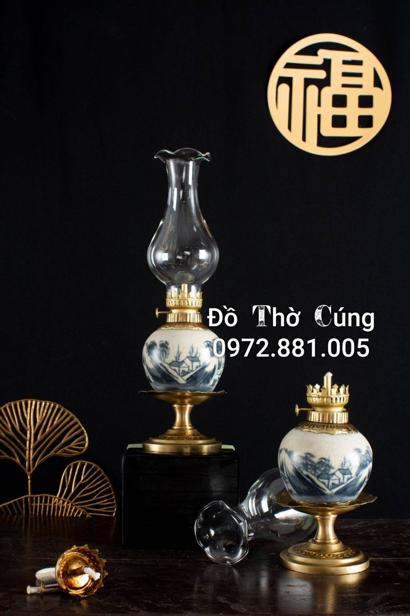 Đèn thờ , Đèn dầu men rạn cổ bọc đồng Bát Tràng cao cấp
