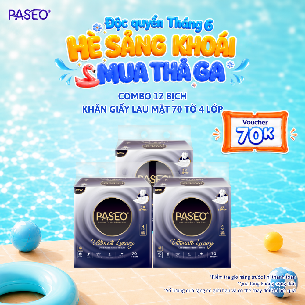Combo 3 lốc Khăn giấy lau mặt cao cấp Paseo 70 tờ 4 lớp