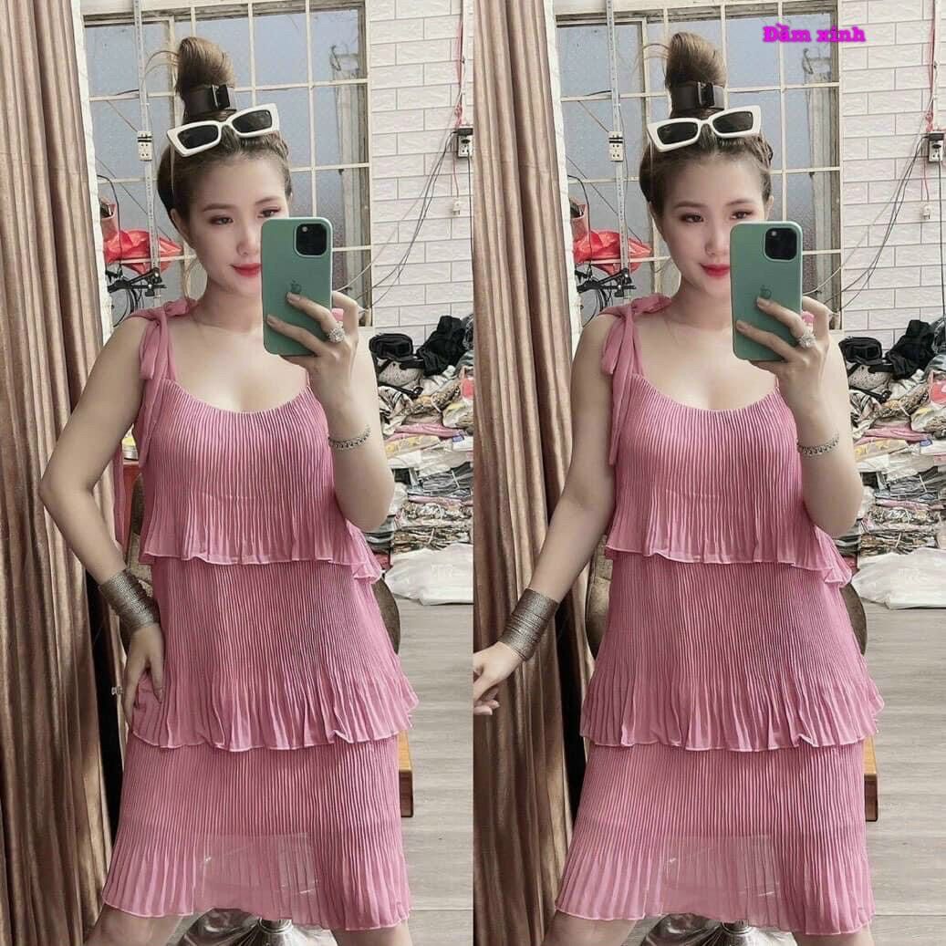 Đầm dập ly 3 tầng vải voan cột vai