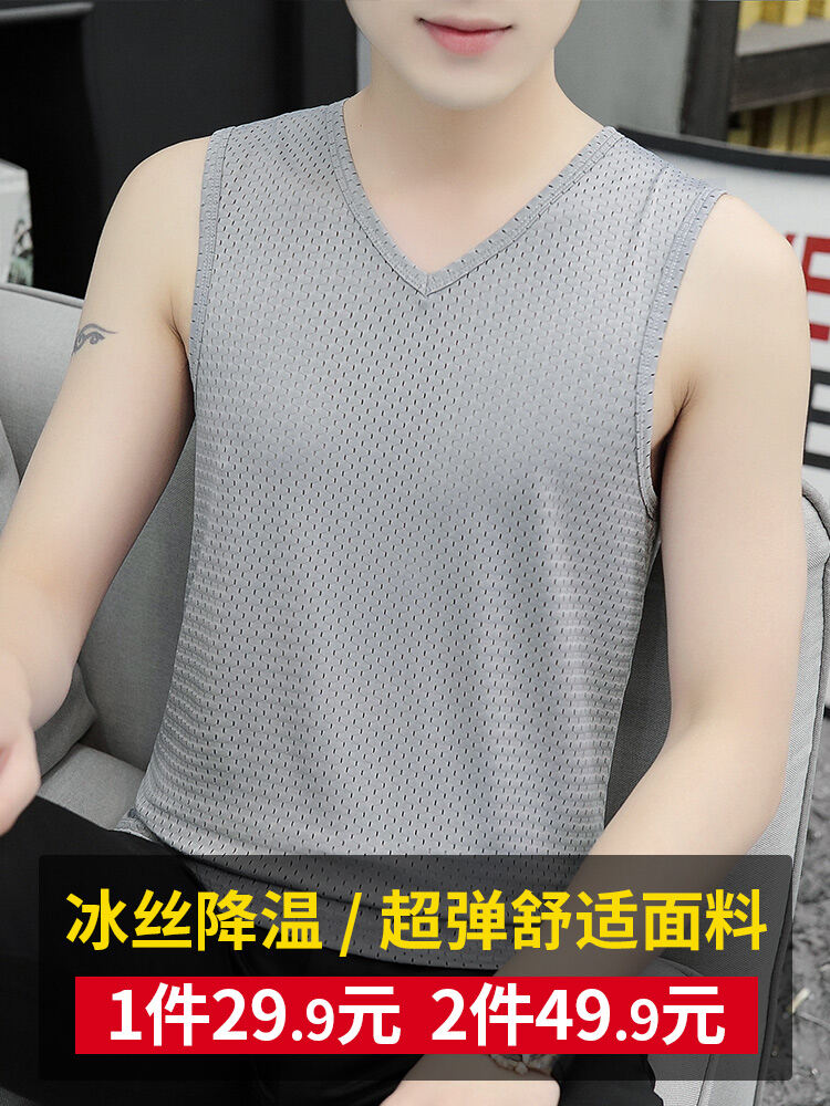 Áo Ba Lỗ Mắt Lưới Lụa Bóng Nam Áo Gile Nhanh Khô Thoáng Khí Mẫu Mỏng Mùa Hè Áo Phông Không Tay Cổ Chữ V Tập Gym Thể Thao Vượt Rào